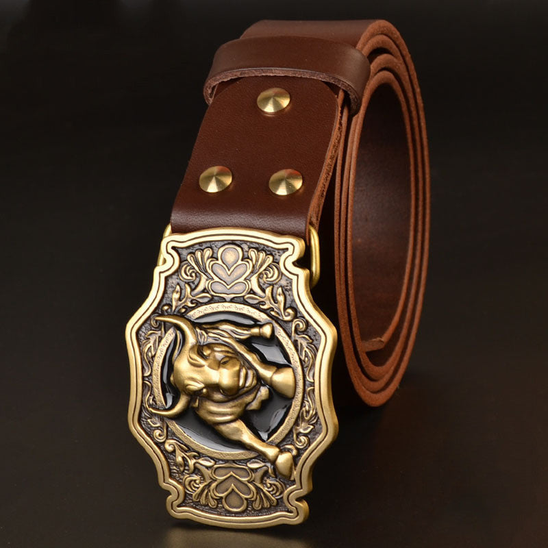 Men’s Copper Buckle Head Layer Cowhide Plate Buckle Smooth Buckle Belt - Coffee / 105cm