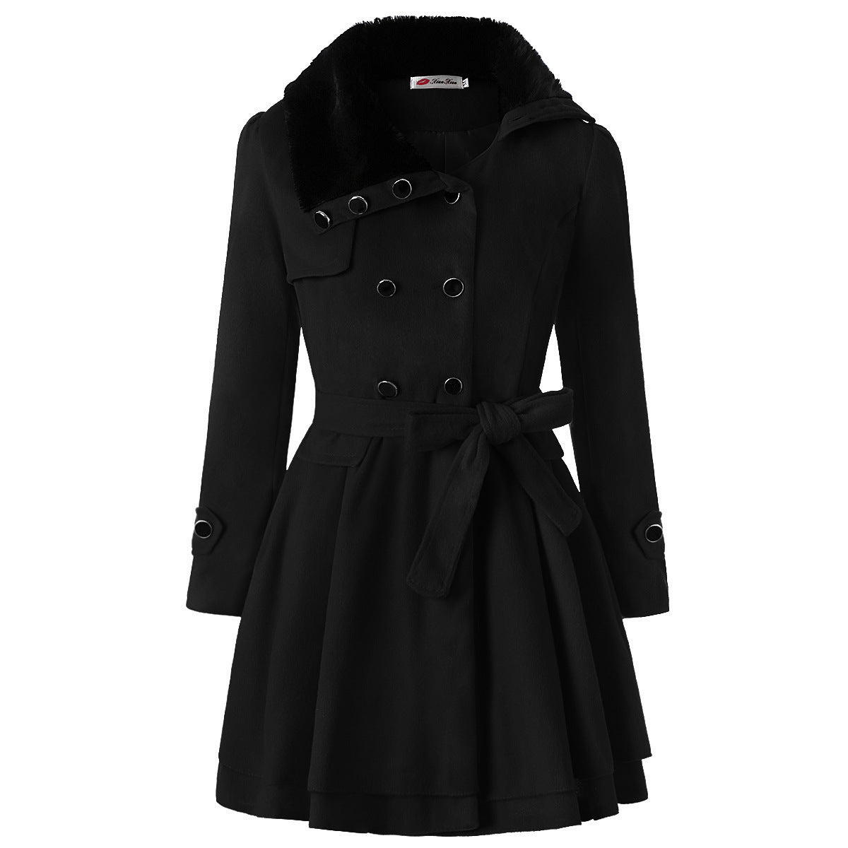 Women’s Clothing Slim-fit Mid-length Woolen Coat Double-breasted Padded Coat - Black / S