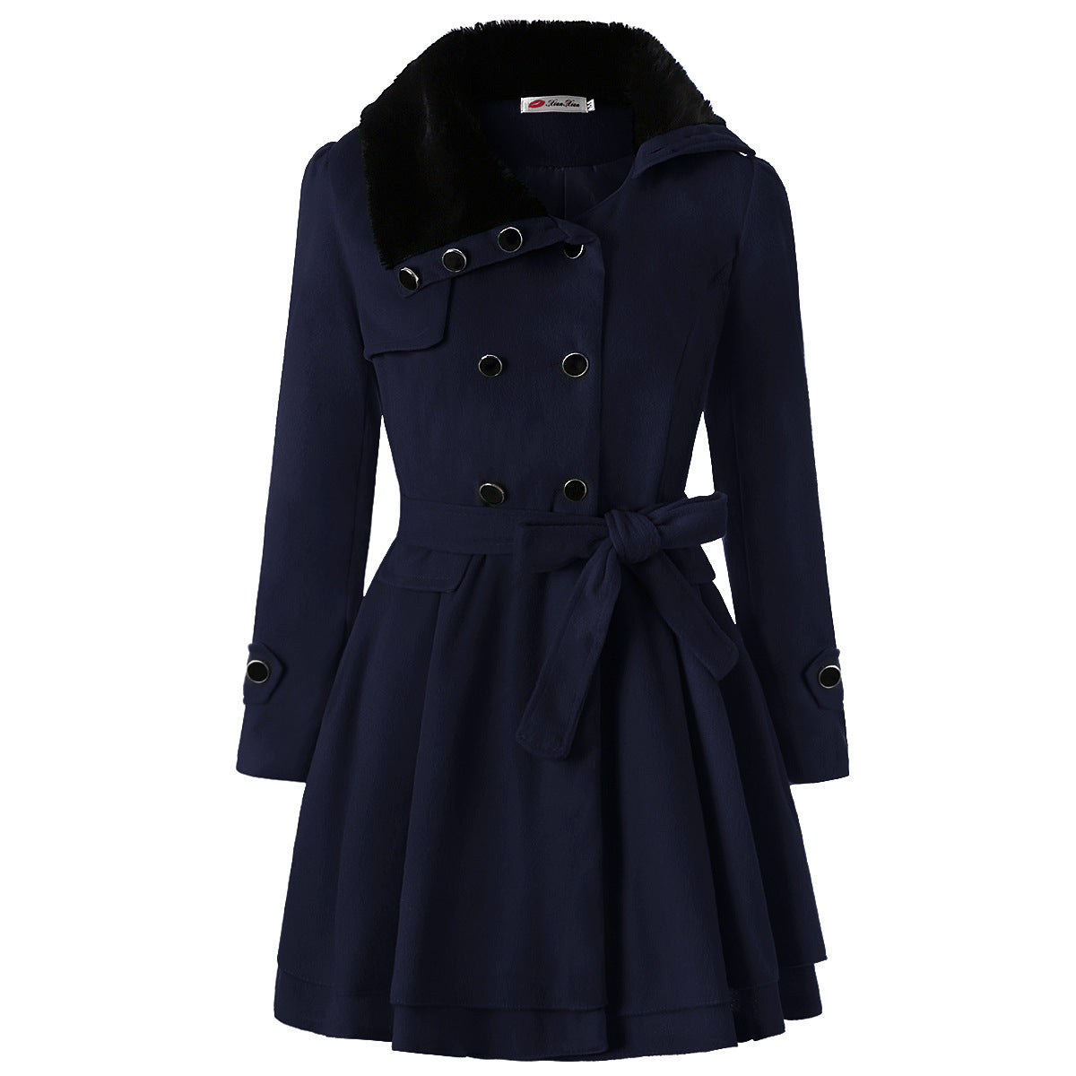 Women’s Clothing Slim-fit Mid-length Woolen Coat Double-breasted Padded Coat - Dark Blue / S