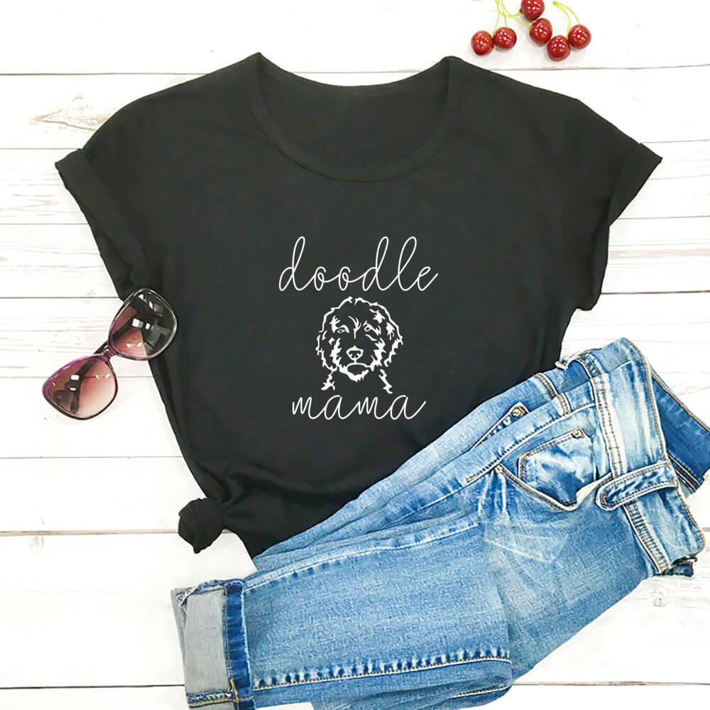 Letter Puppy Printed Short-sleeved Top - Black / S