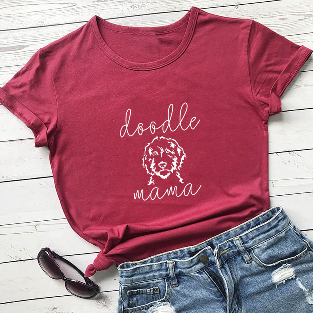 Letter Puppy Printed Short-sleeved Top - Wine Red / S