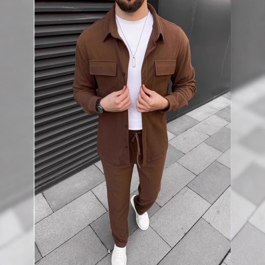 Men’s Corduroy Long Sleeve Lapel Shirt Trousers Daily Casual Suit
