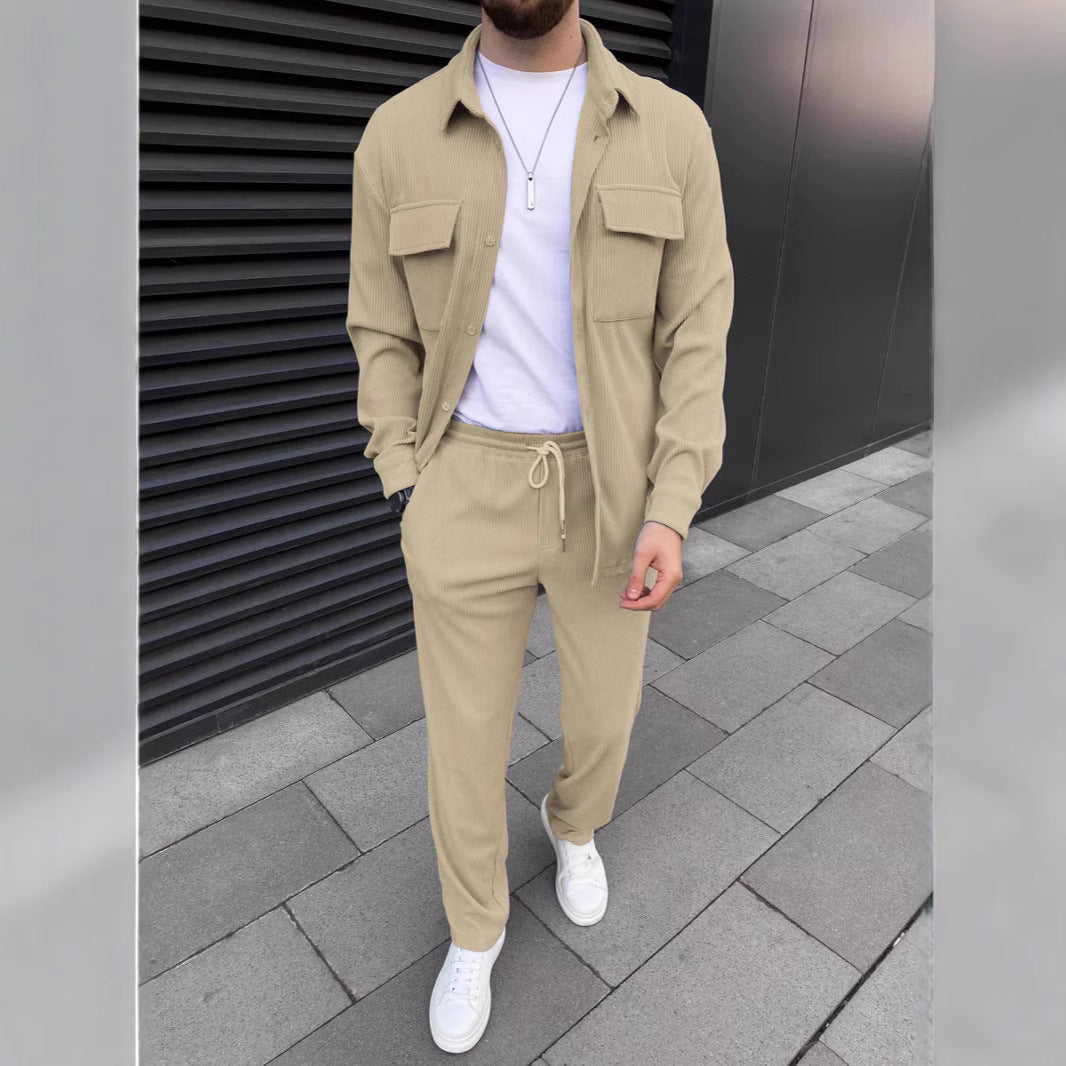 Men’s Corduroy Long Sleeve Lapel Shirt Trousers Daily Casual Suit