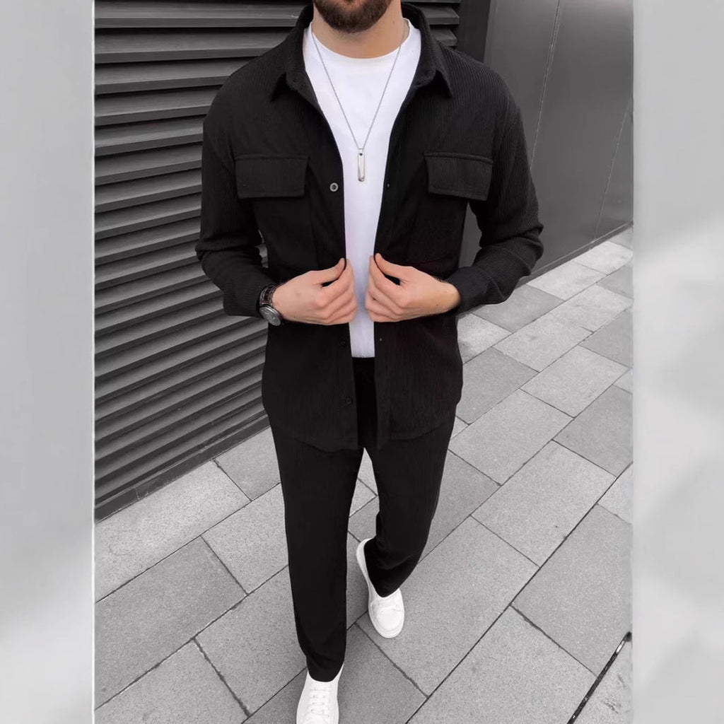 Men’s Corduroy Long Sleeve Lapel Shirt Trousers Daily Casual Suit