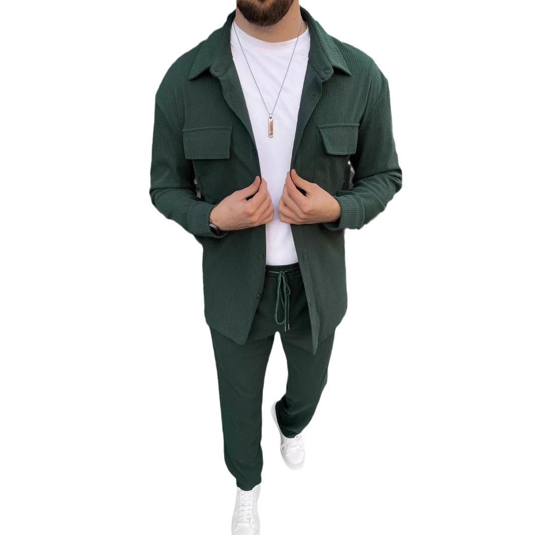 Men’s Corduroy Long Sleeve Lapel Shirt Trousers Daily Casual Suit