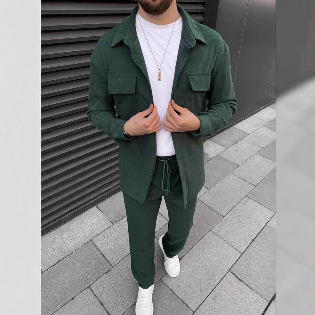Men’s Corduroy Long Sleeve Lapel Shirt Trousers Daily Casual Suit