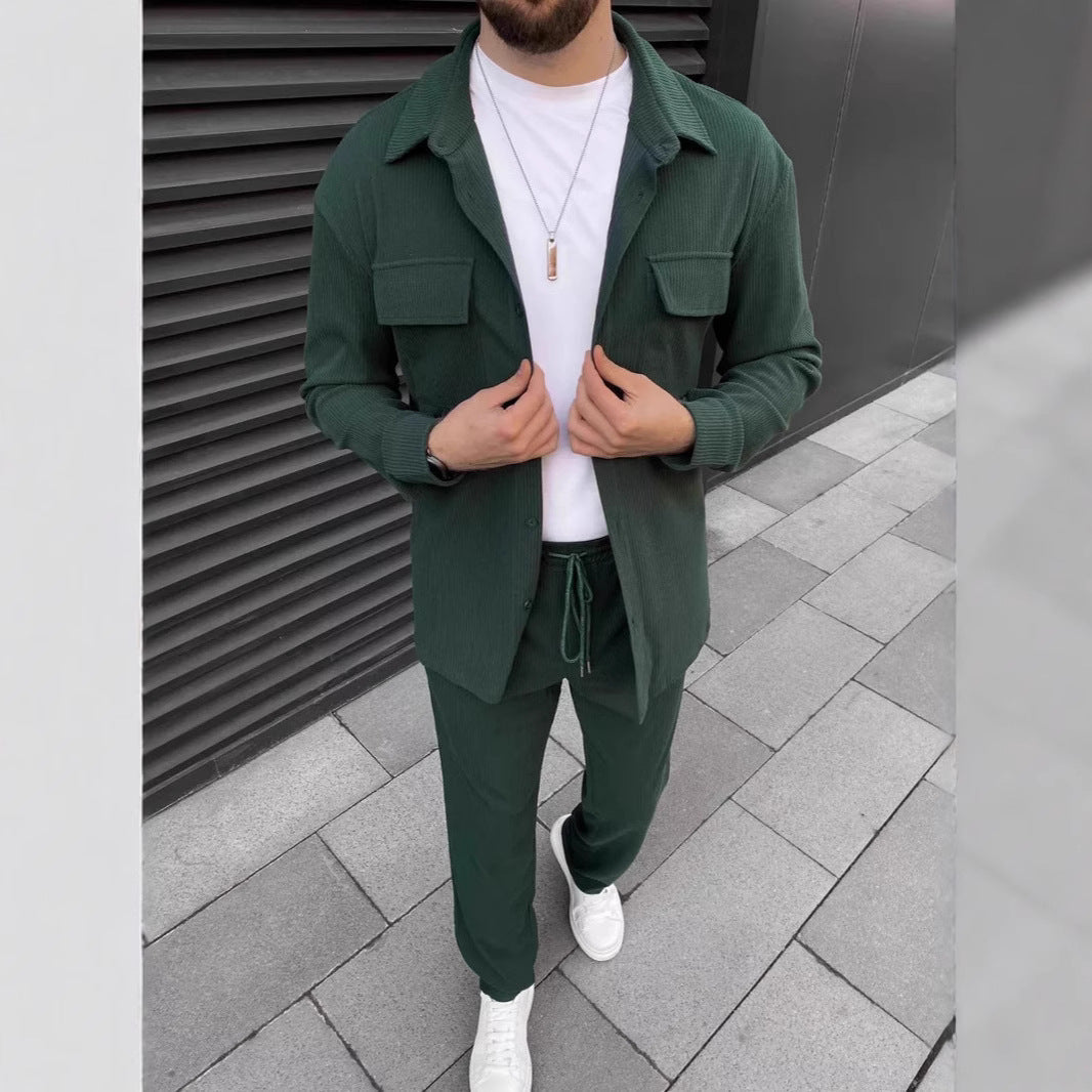 Men’s Corduroy Long Sleeve Lapel Shirt Trousers Daily Casual Suit