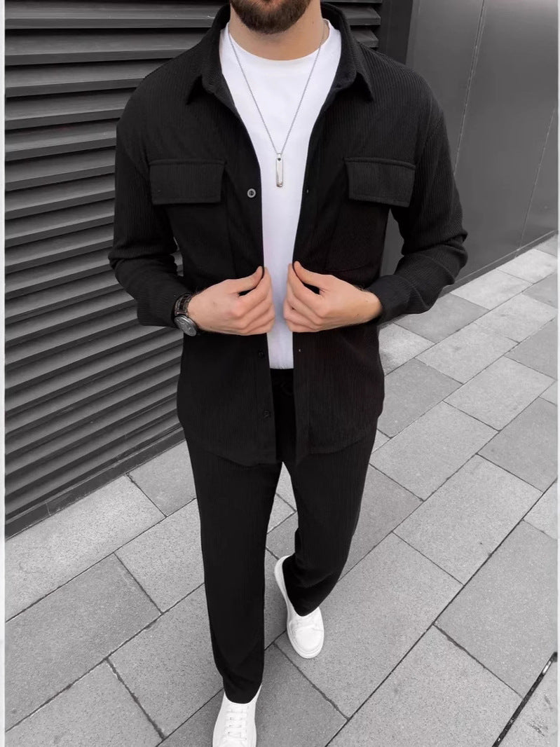 Men’s Corduroy Long Sleeve Lapel Shirt Trousers Daily Casual Suit - Black / S
