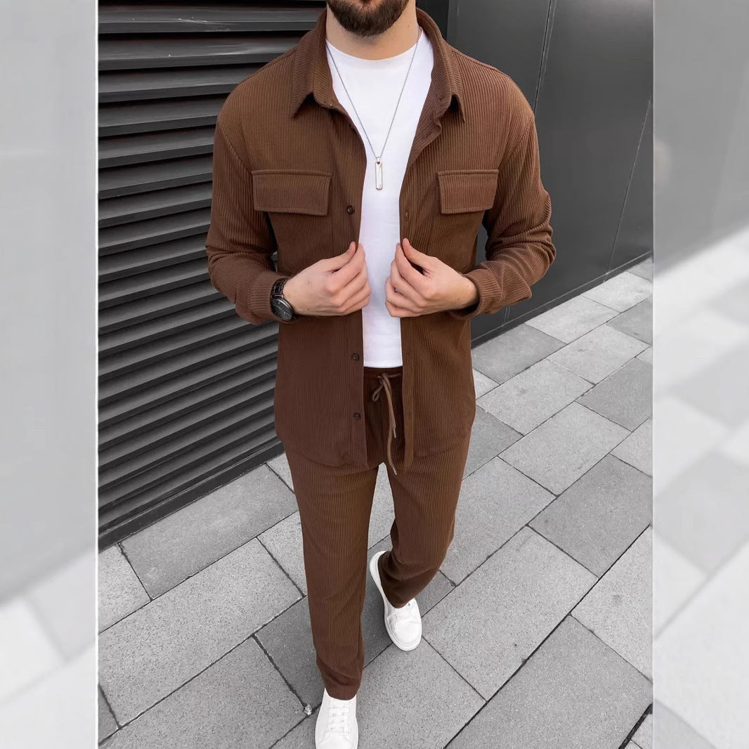 Men’s Corduroy Long Sleeve Lapel Shirt Trousers Daily Casual Suit - Dark Brown / S