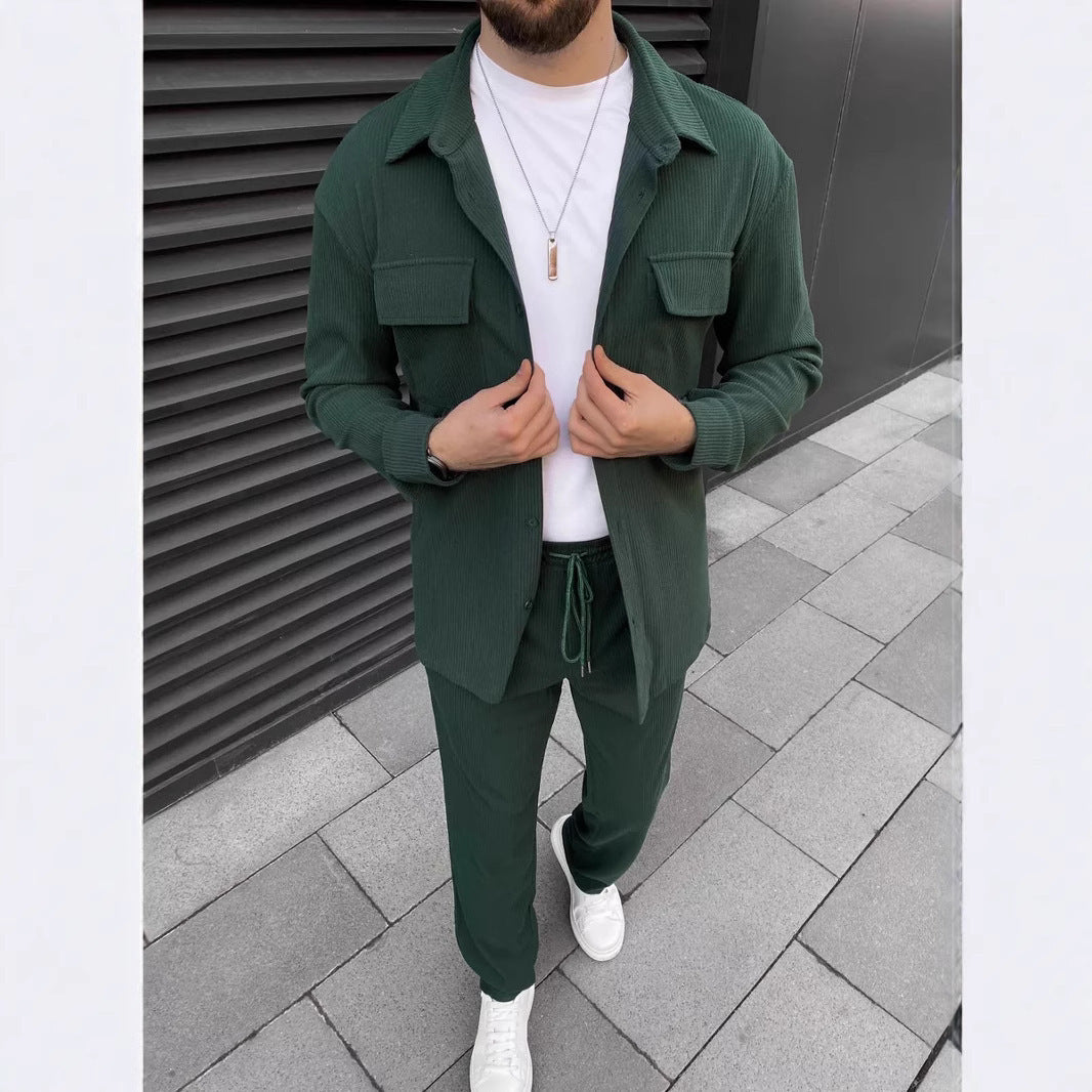 Men’s Corduroy Long Sleeve Lapel Shirt Trousers Daily Casual Suit - Dark Green / S