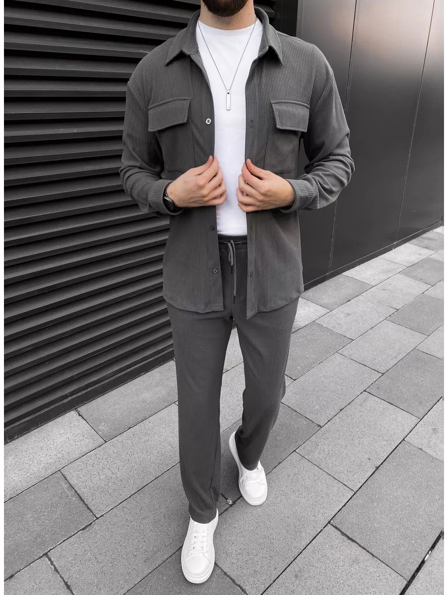Men’s Corduroy Long Sleeve Lapel Shirt Trousers Daily Casual Suit - Gray / S