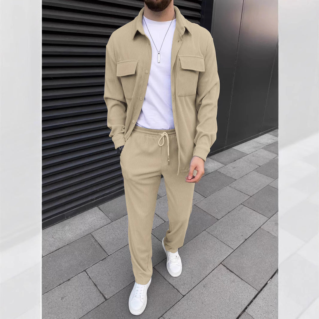 Men’s Corduroy Long Sleeve Lapel Shirt Trousers Daily Casual Suit - Khaki / S