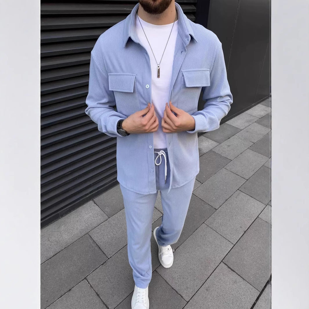 Men’s Corduroy Long Sleeve Lapel Shirt Trousers Daily Casual Suit - Lavender Purple / S