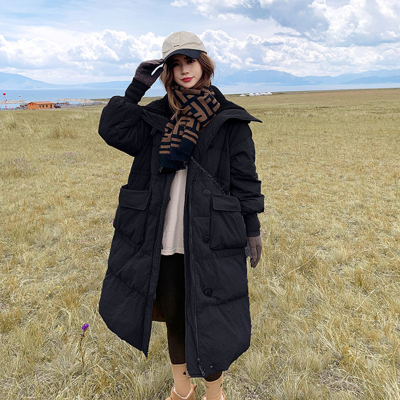 Below The Knee Korean Style Fashion Loose Cotton Coat - Black / XXL