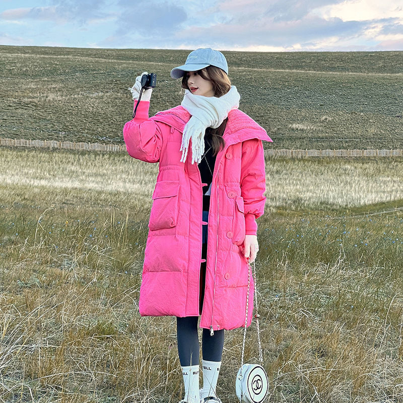 Below The Knee Korean Style Fashion Loose Cotton Coat - Rose Red / XXL