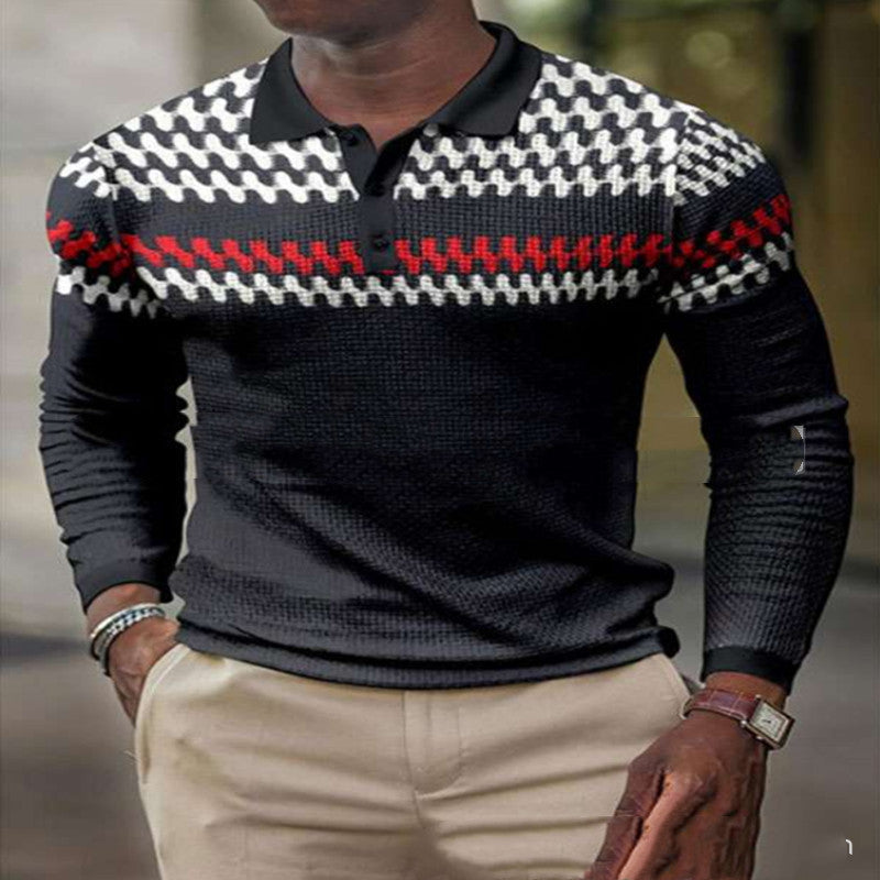 Long-sleeved patterned polo shirt with digital pattern lapel and lapel polo long design