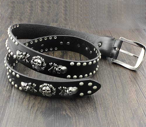 Personality Skull Rivet Cowhide Belt - Black / 150cm
