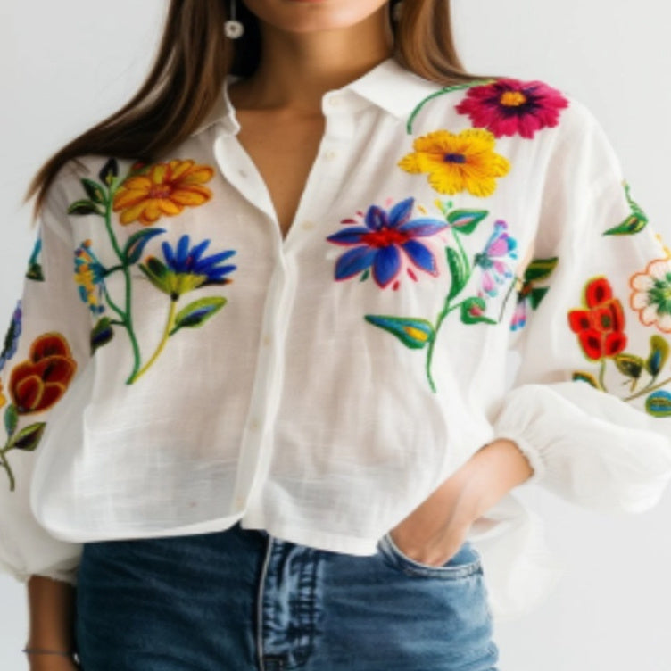 Floral Printed Long Sleeved Shirt For Women - White / S