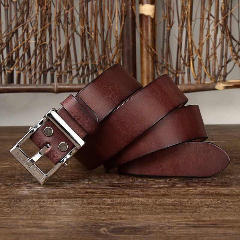Men’s Retro Leather All-match First Layer Cowhide Stainless Steel Buckle Belt - Brown / 100cm