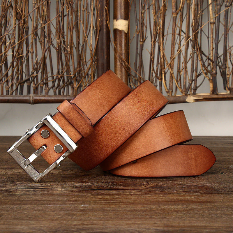 Men’s Retro Leather All-match First Layer Cowhide Stainless Steel Buckle Belt - Khaki / 100cm