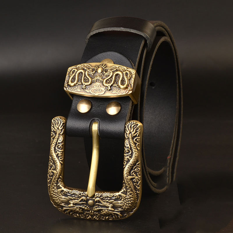 Solid Brass Belt Buckle Casual Pin Genuine Leather - Black / 105cm