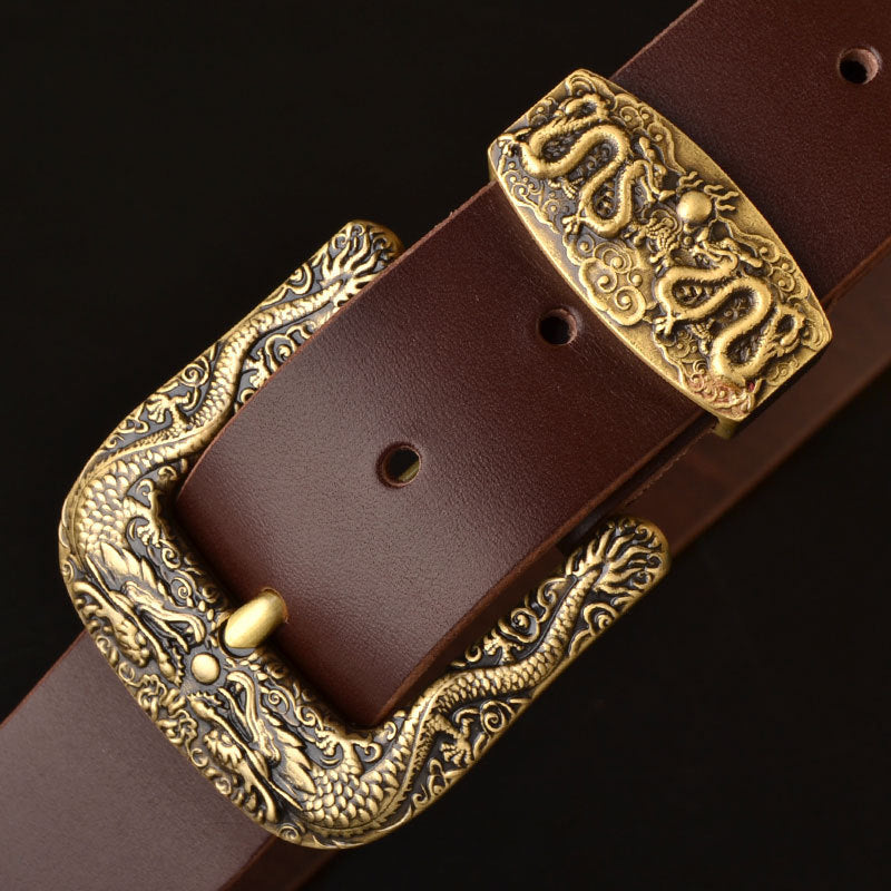 Solid Brass Belt Buckle Casual Pin Genuine Leather - Coffee / 105cm