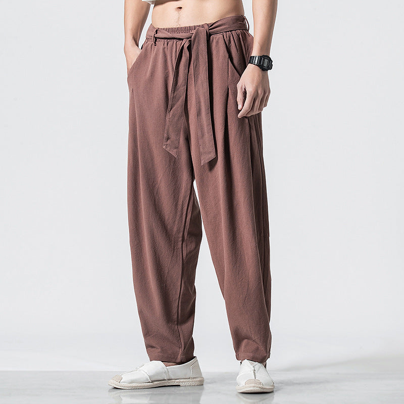 Plain Straight-leg Harem Pants - Brown / XL