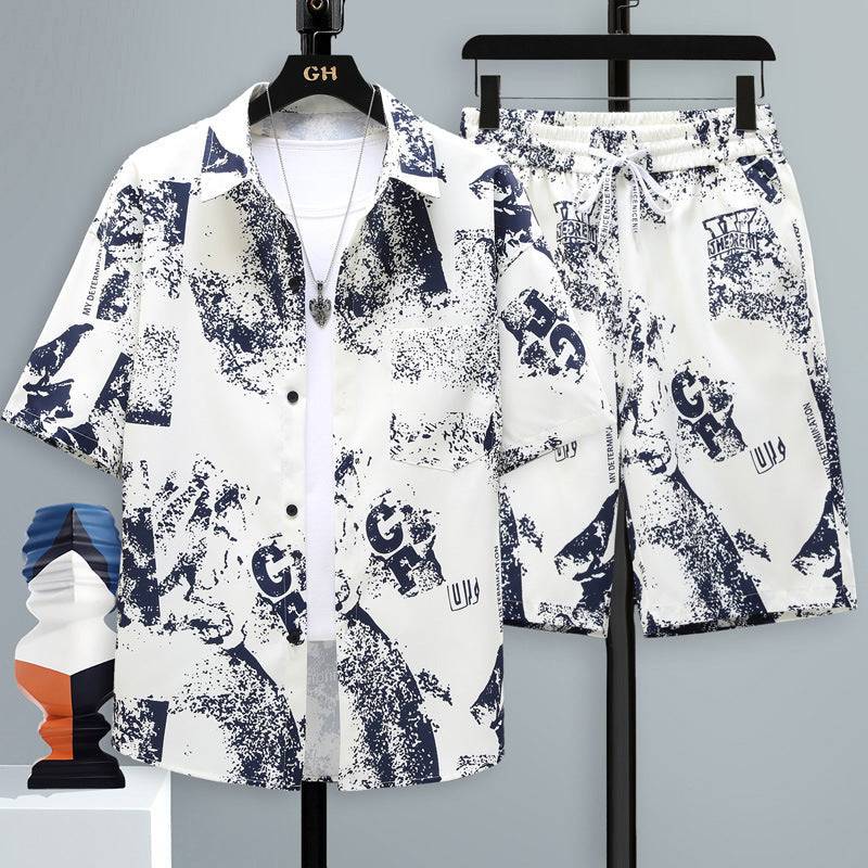 Men’s Short-sleeved Suit Youth Student Leisure Sports Cool Shorts Two-piece Set - Beige Blue / S