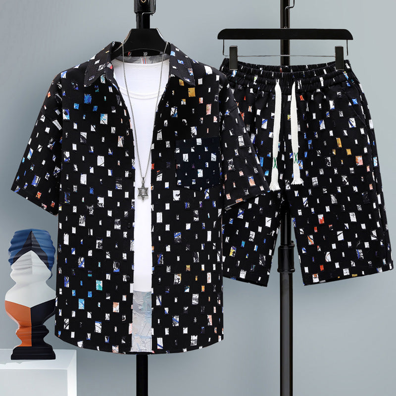 Men’s Short-sleeved Suit Youth Student Leisure Sports Cool Shorts Two-piece Set - Black / S