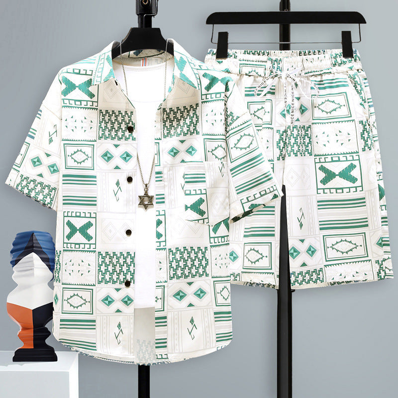Men’s Short-sleeved Suit Youth Student Leisure Sports Cool Shorts Two-piece Set - Green Flower / S