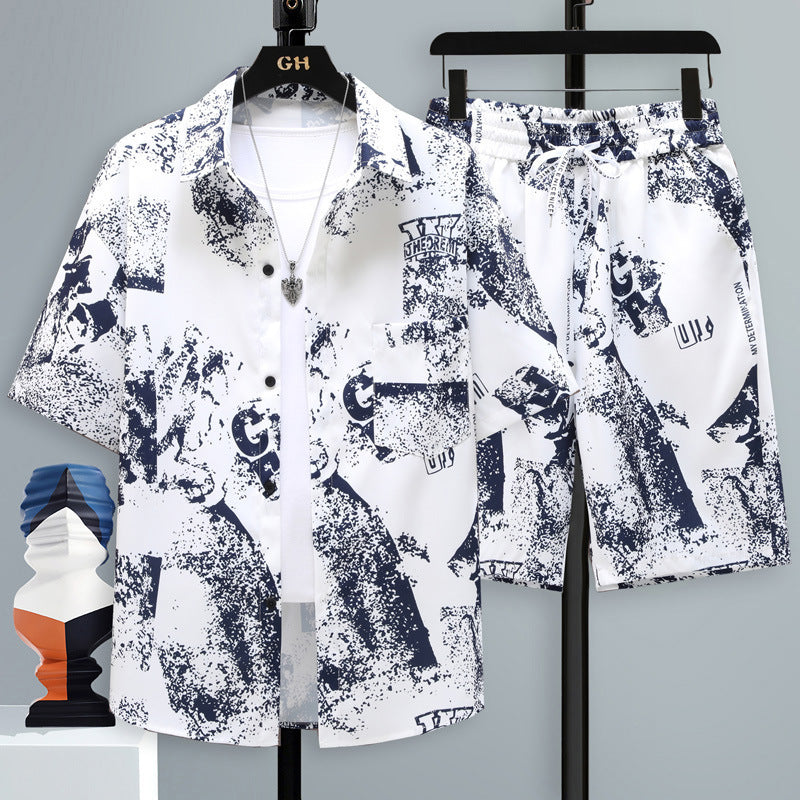 Men’s Short-sleeved Suit Youth Student Leisure Sports Cool Shorts Two-piece Set - White And Blue / S