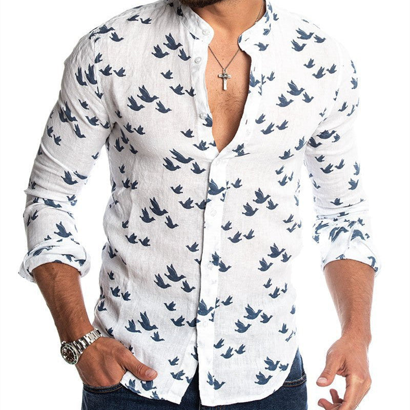 3D printed linen colorblock stand collar shirt