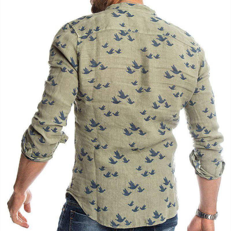 3D printed linen colorblock stand collar shirt