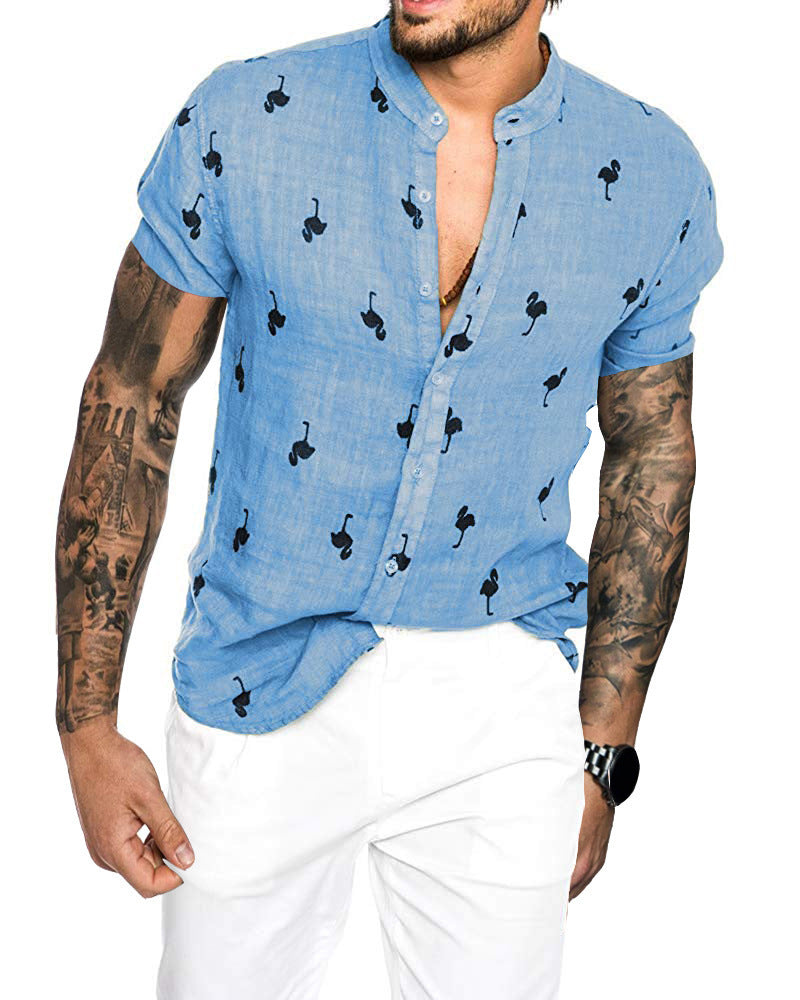 3D printed linen colorblock stand collar shirt - Blue / M