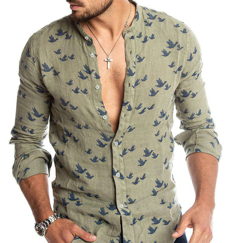 3D printed linen colorblock stand collar shirt - Green / XXL