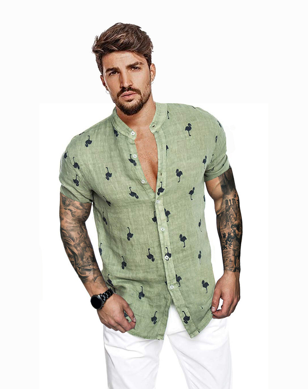3D printed linen colorblock stand collar shirt - Light green / M
