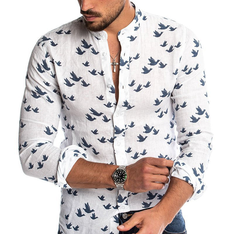 3D printed linen colorblock stand collar shirt - White / L