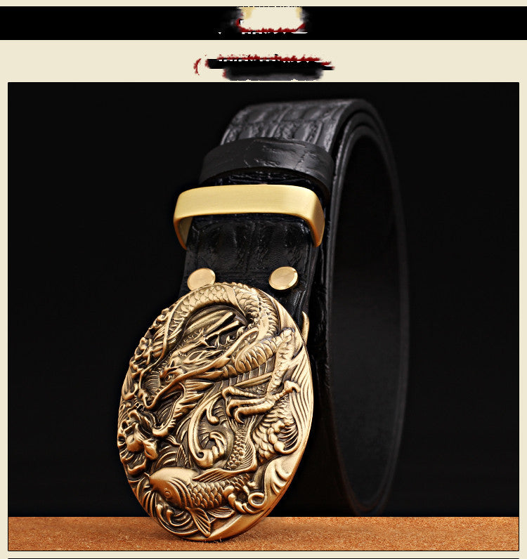 Pattern Smooth Buckle Head Layer Belt Young Middle-aged Casual High-end Retro Trend - Black / 105cm