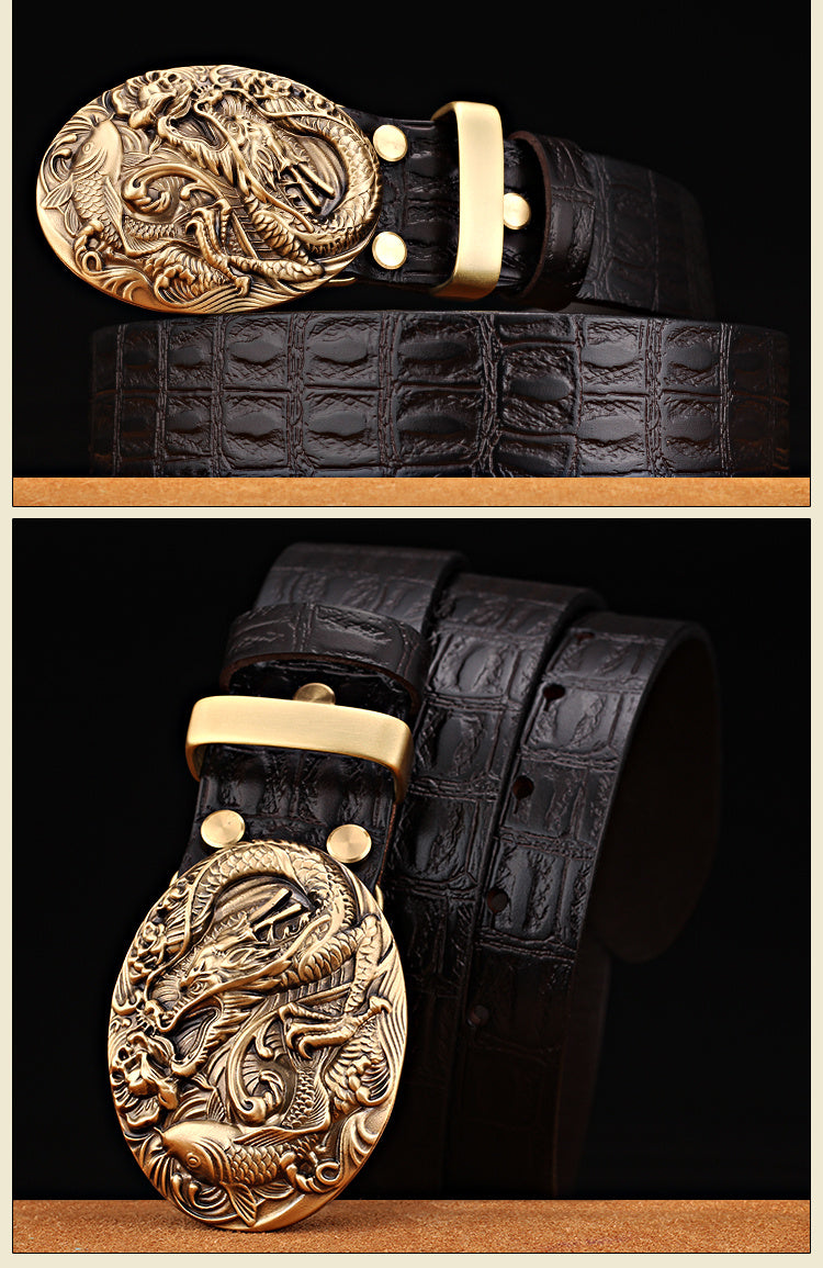 Pattern Smooth Buckle Head Layer Belt Young Middle-aged Casual High-end Retro Trend - Brown / 105cm