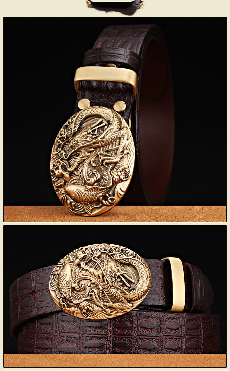 Pattern Smooth Buckle Head Layer Belt Young Middle-aged Casual High-end Retro Trend - Red brown / 105cm