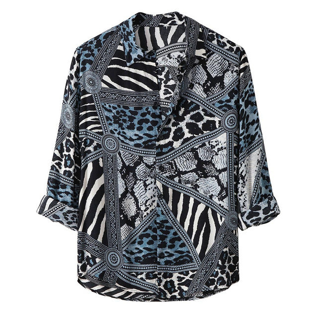 Fashion printed Leopard Print Shirt for men - Blue / 3XL