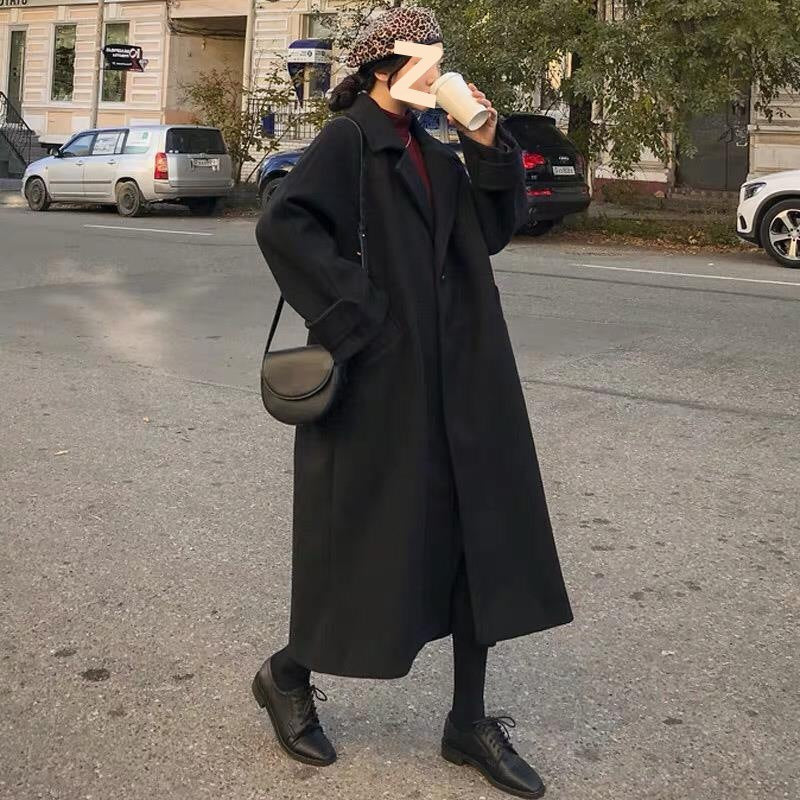 Fashion Personality Female Winter Loose Woolen Coat - Black / S