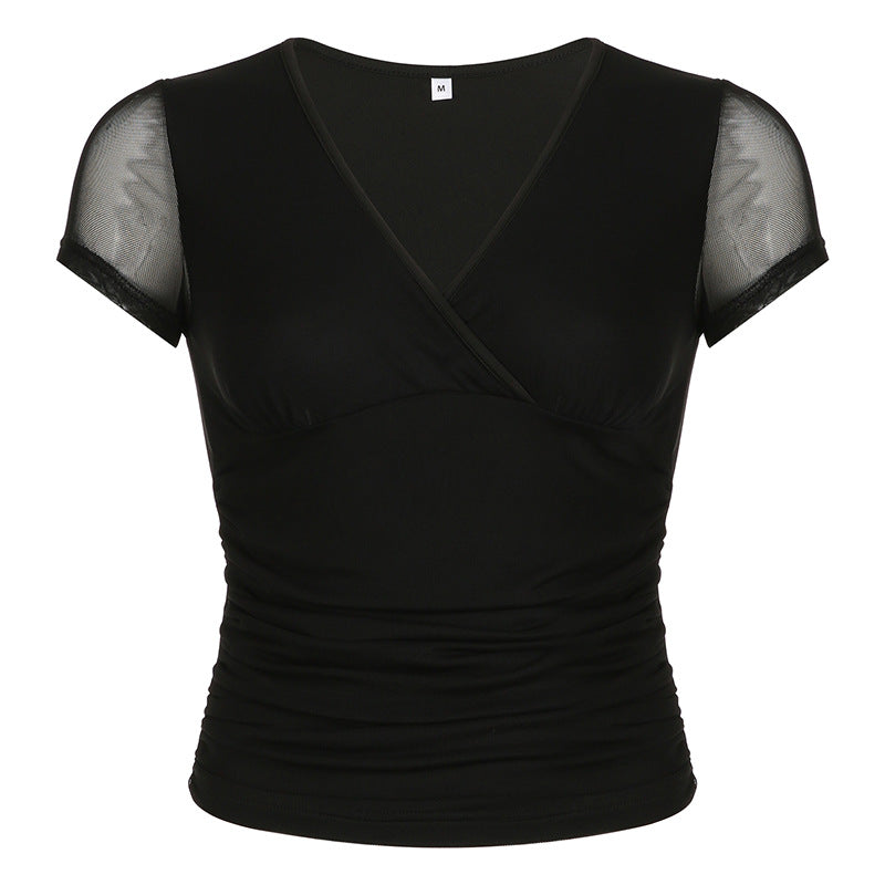 Deep V Design Small Pleated Pure Color Mesh Stitching Short Sleeve - Black / S