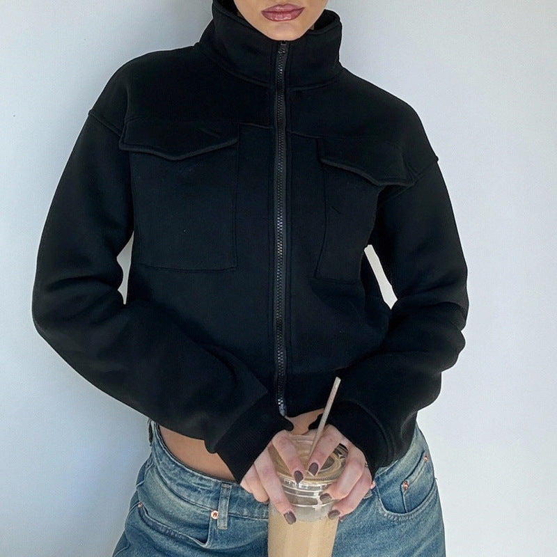 New Pure Color Slimming Loose Short Hot Girl Turtleneck Coat - Black / S