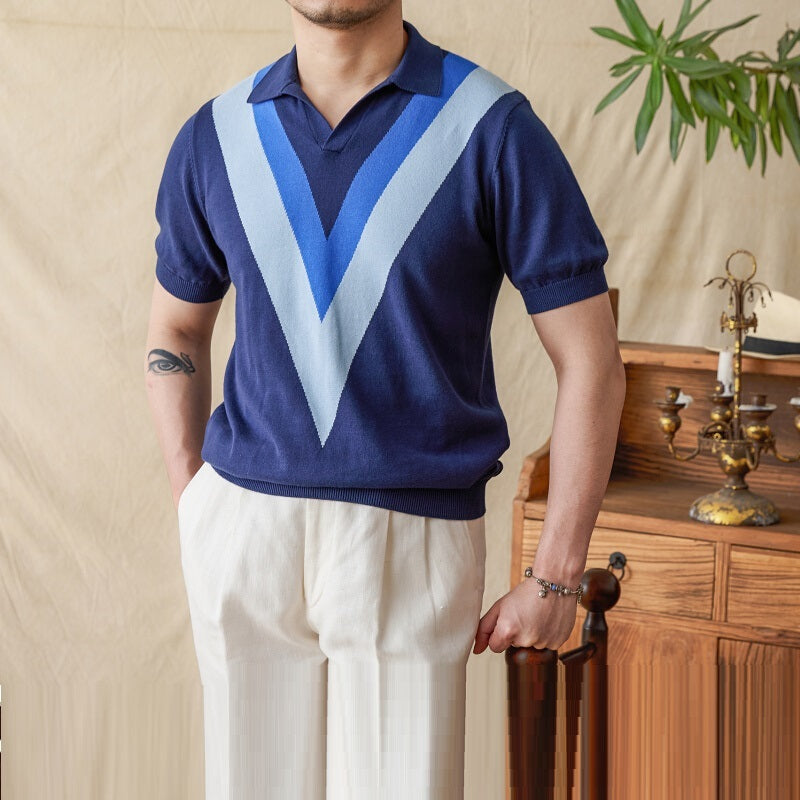 Cotton High-end V-neck Casual Color Matching Knitted Short Sleeve