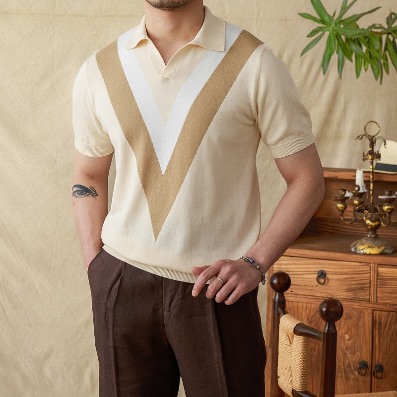 Cotton High-end V-neck Casual Color Matching Knitted Short Sleeve - Apricot / M
