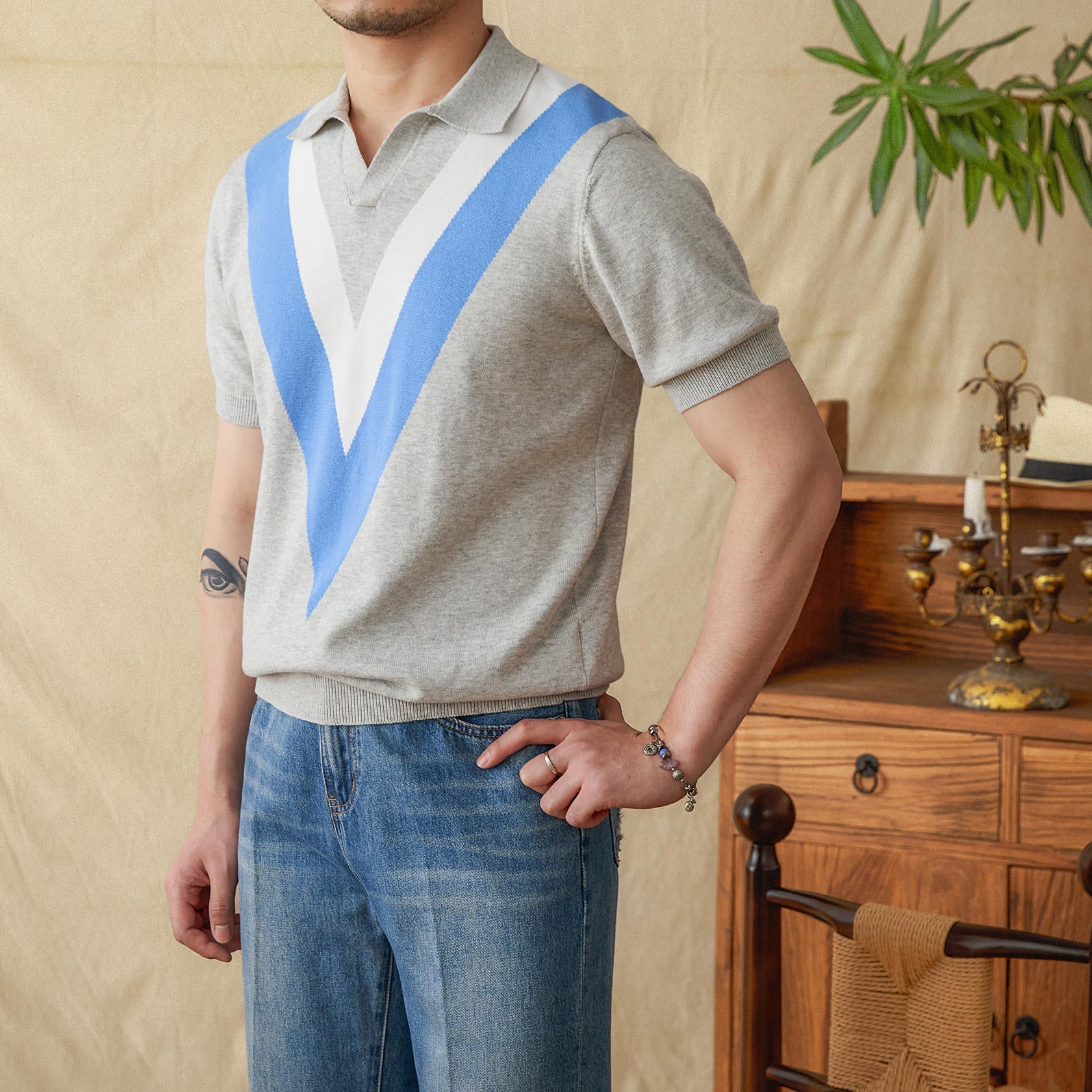 Cotton High-end V-neck Casual Color Matching Knitted Short Sleeve - Light Gray / M