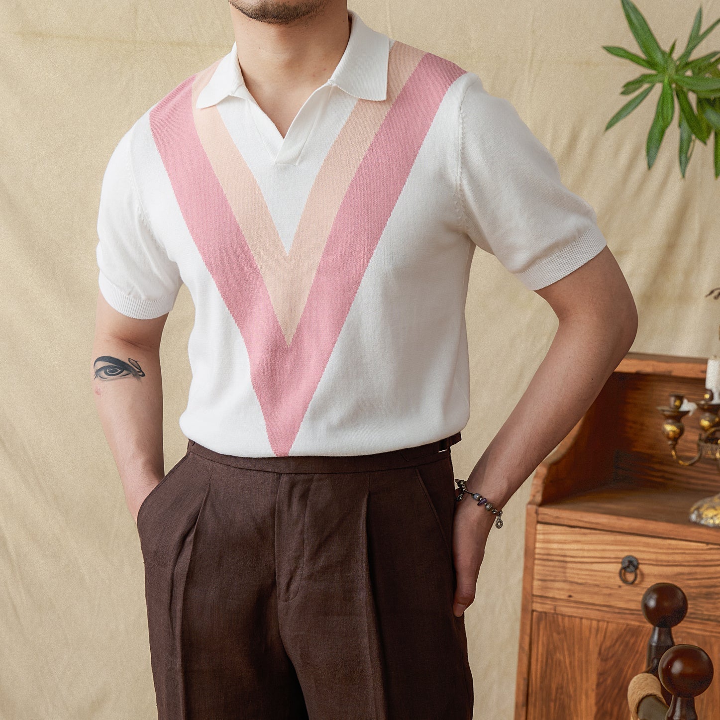 Cotton High-end V-neck Casual Color Matching Knitted Short Sleeve - White / M
