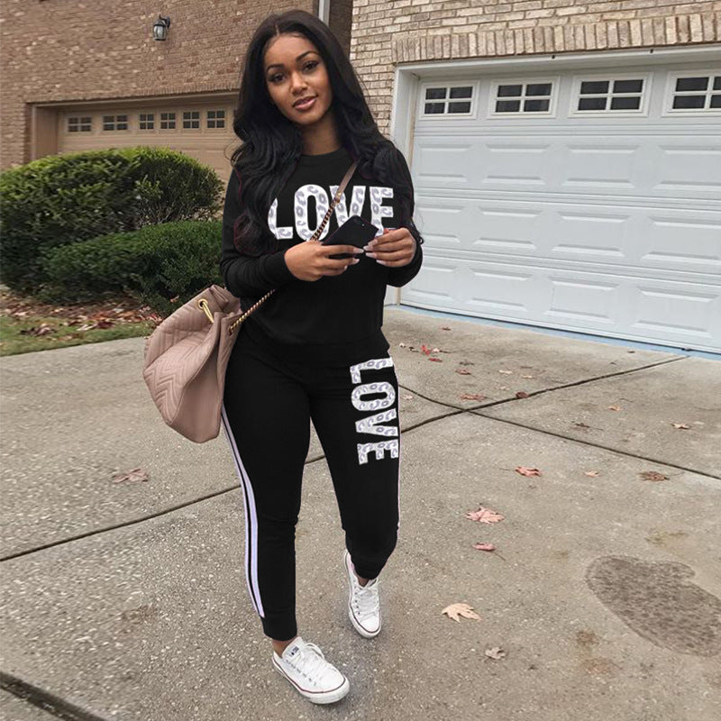 Casual Fashion Letter Printing Sports Suit - 1 Black / S