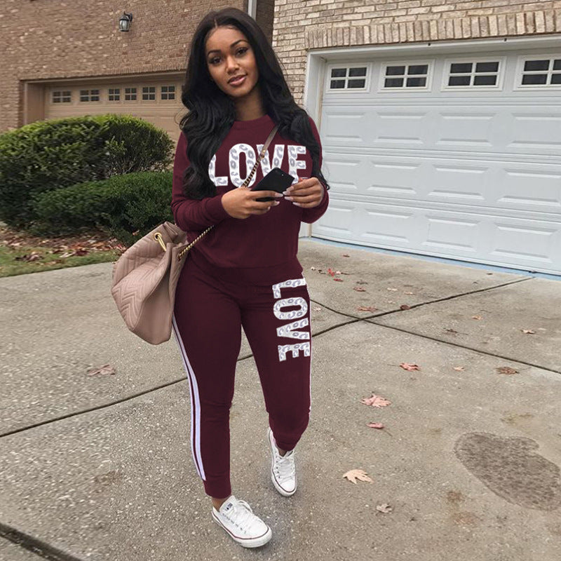 Casual Fashion Letter Printing Sports Suit - 2 Wine Red / S
